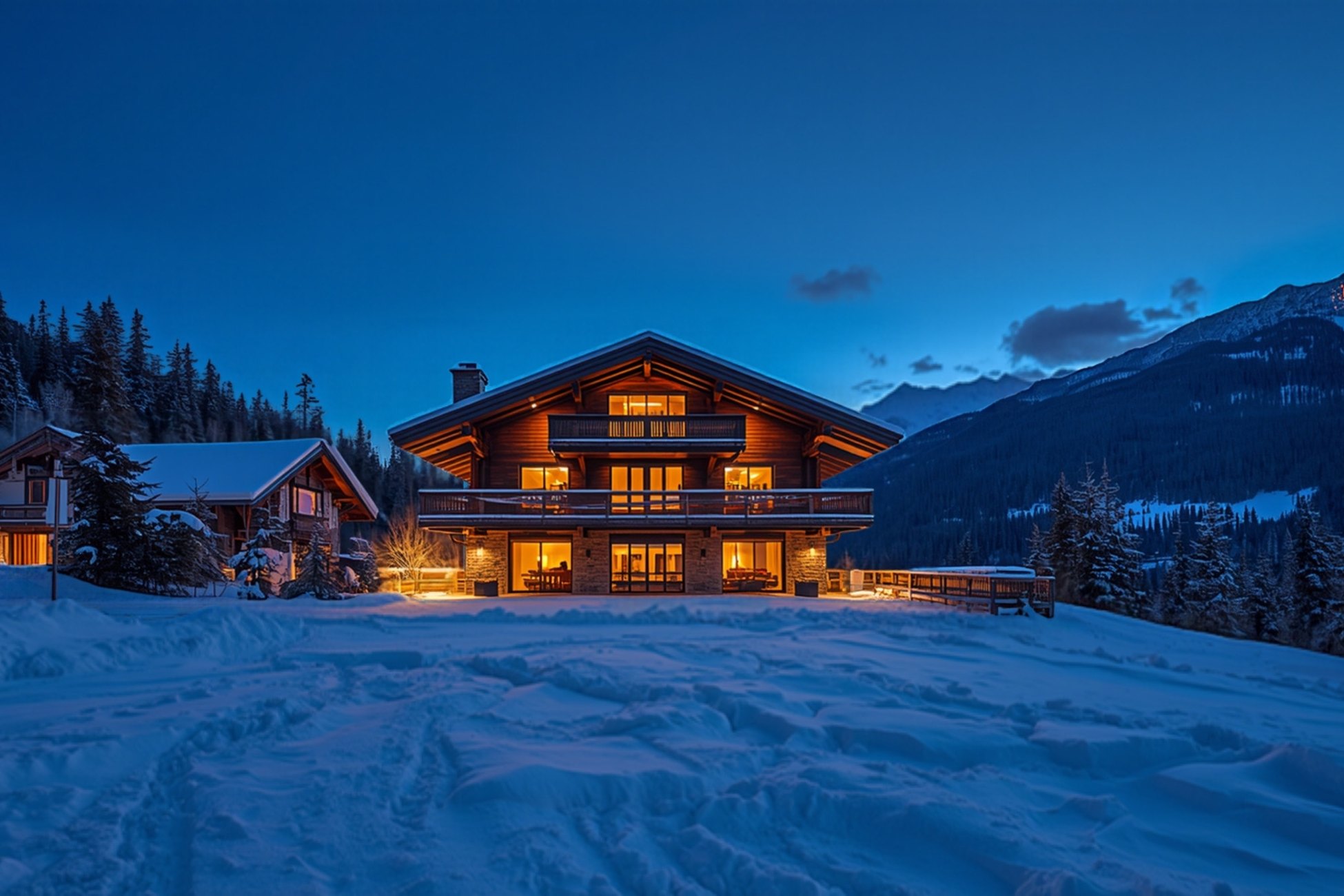 Luxury wooden chalet glowing at blue hour in the snow, Courchevel, French Alps