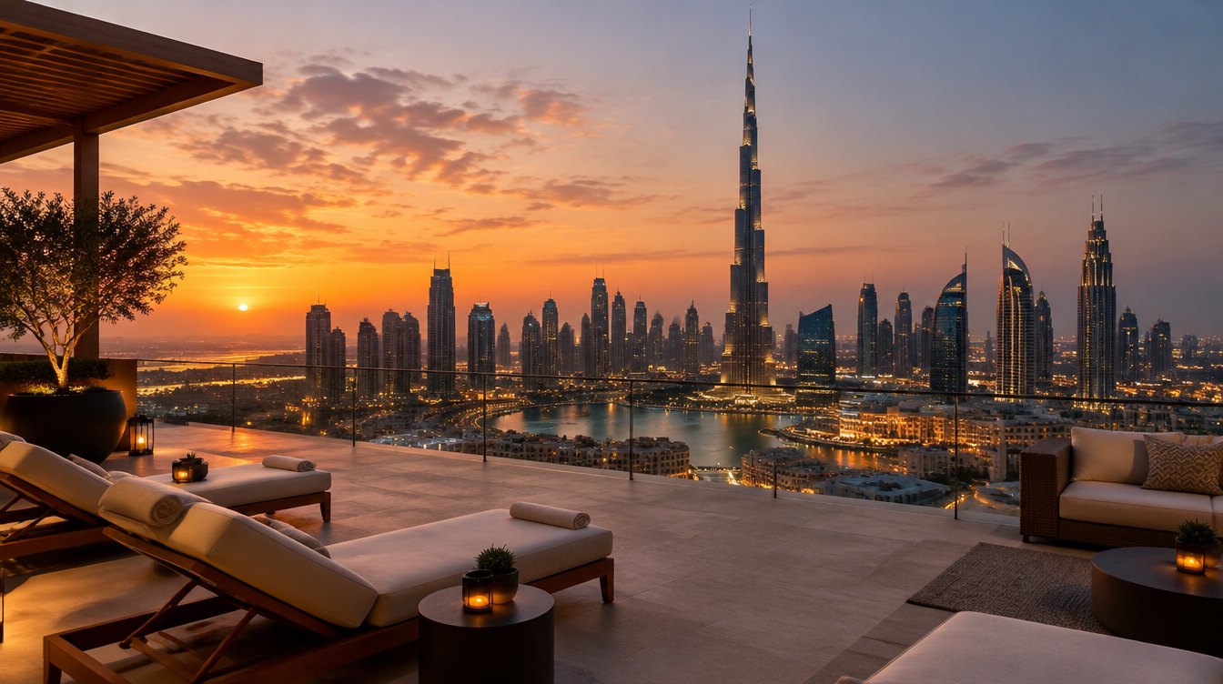 Dubai skyline at sunset from a rooftop terrace
