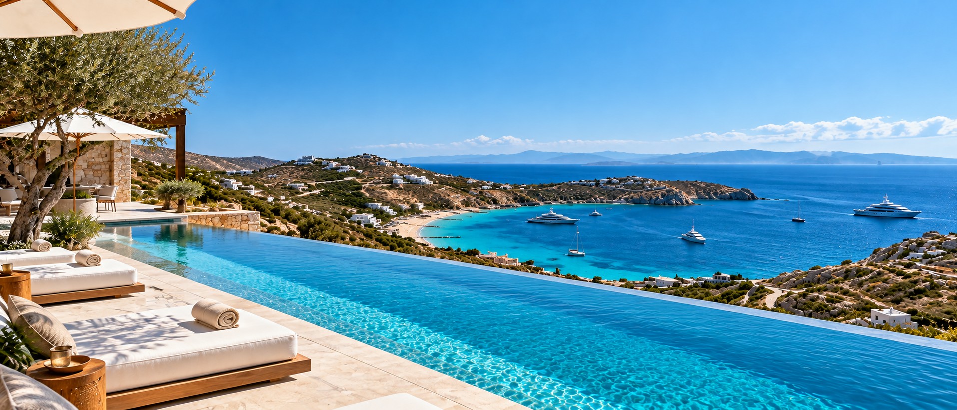 Villa terrace with an infinity pool overlooking a turquoise bay at midday