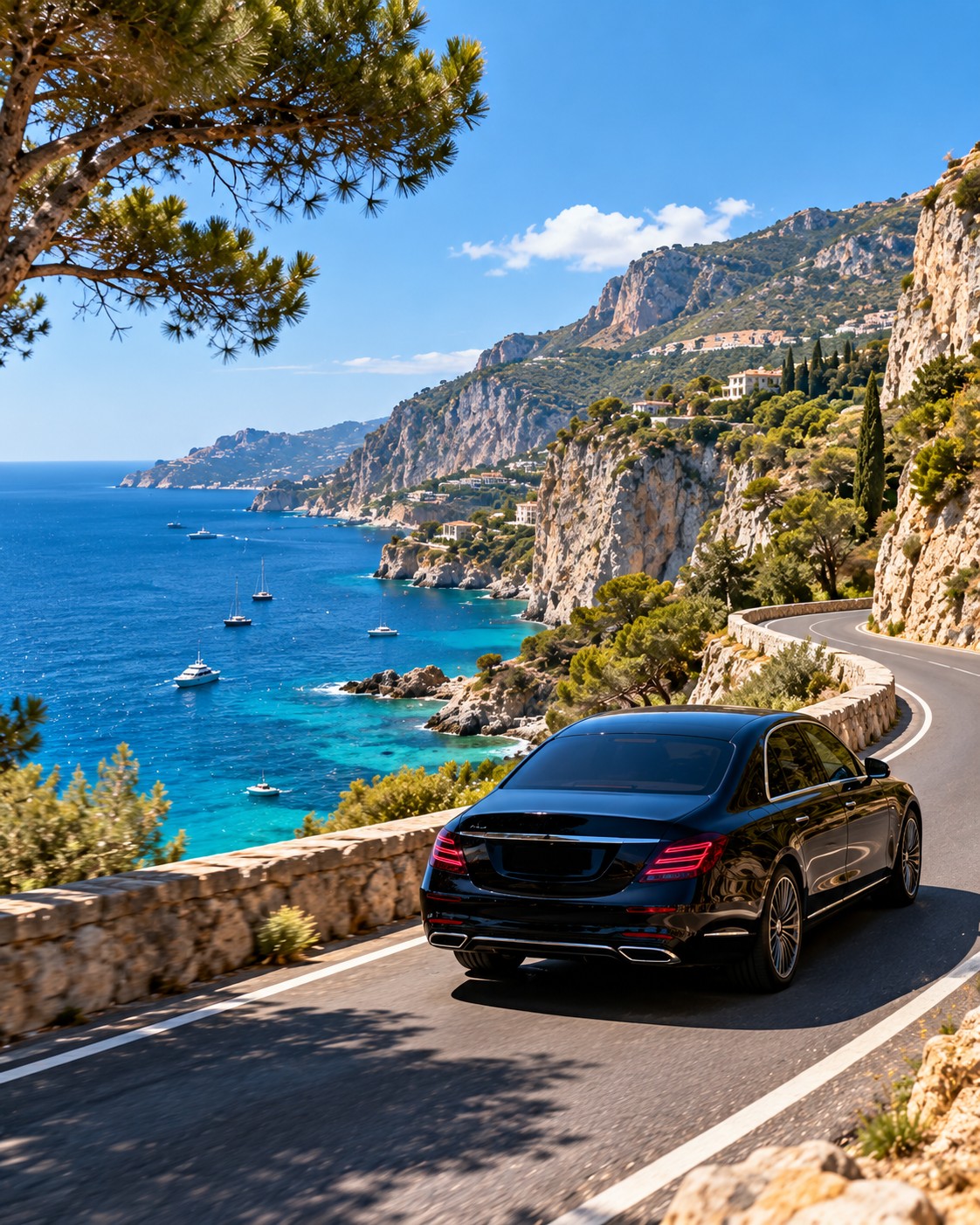 Black luxury sedan on a coastal road