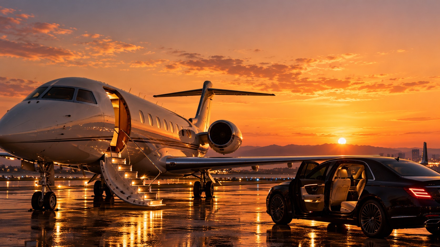 Private jet on the tarmac at sunset with a black car waiting at the foot of the stairs