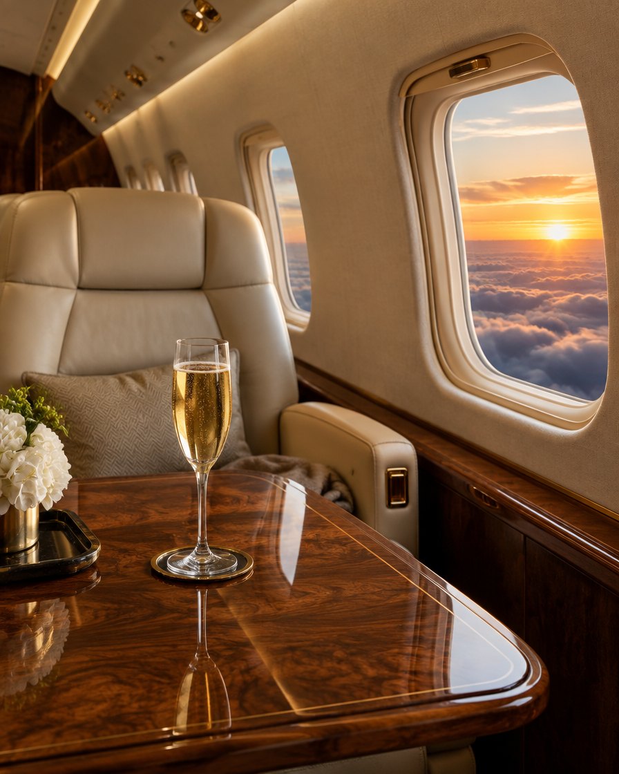 Private jet cabin at sunset