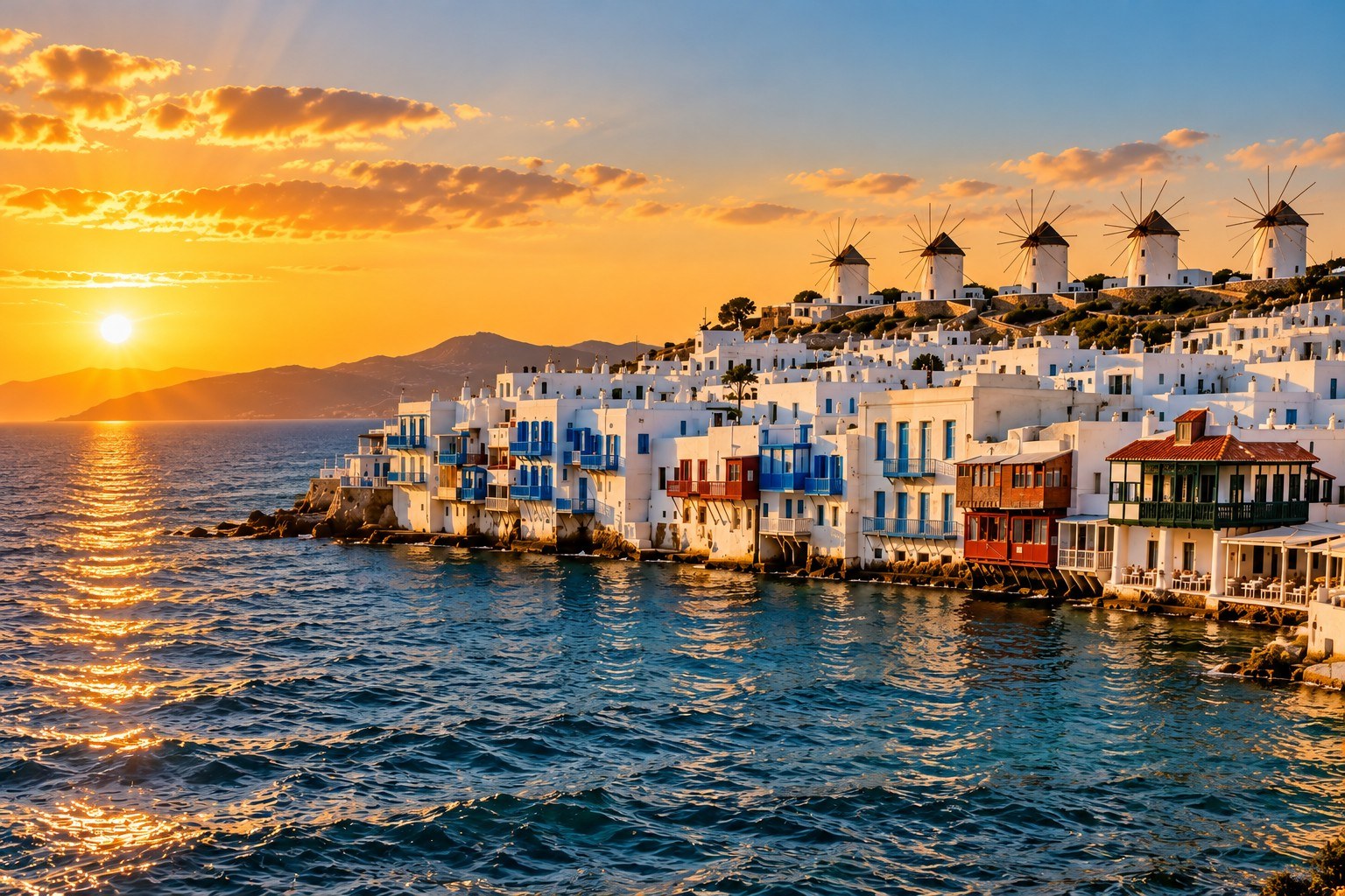 Little Venice and the windmills of Mykonos at sunset