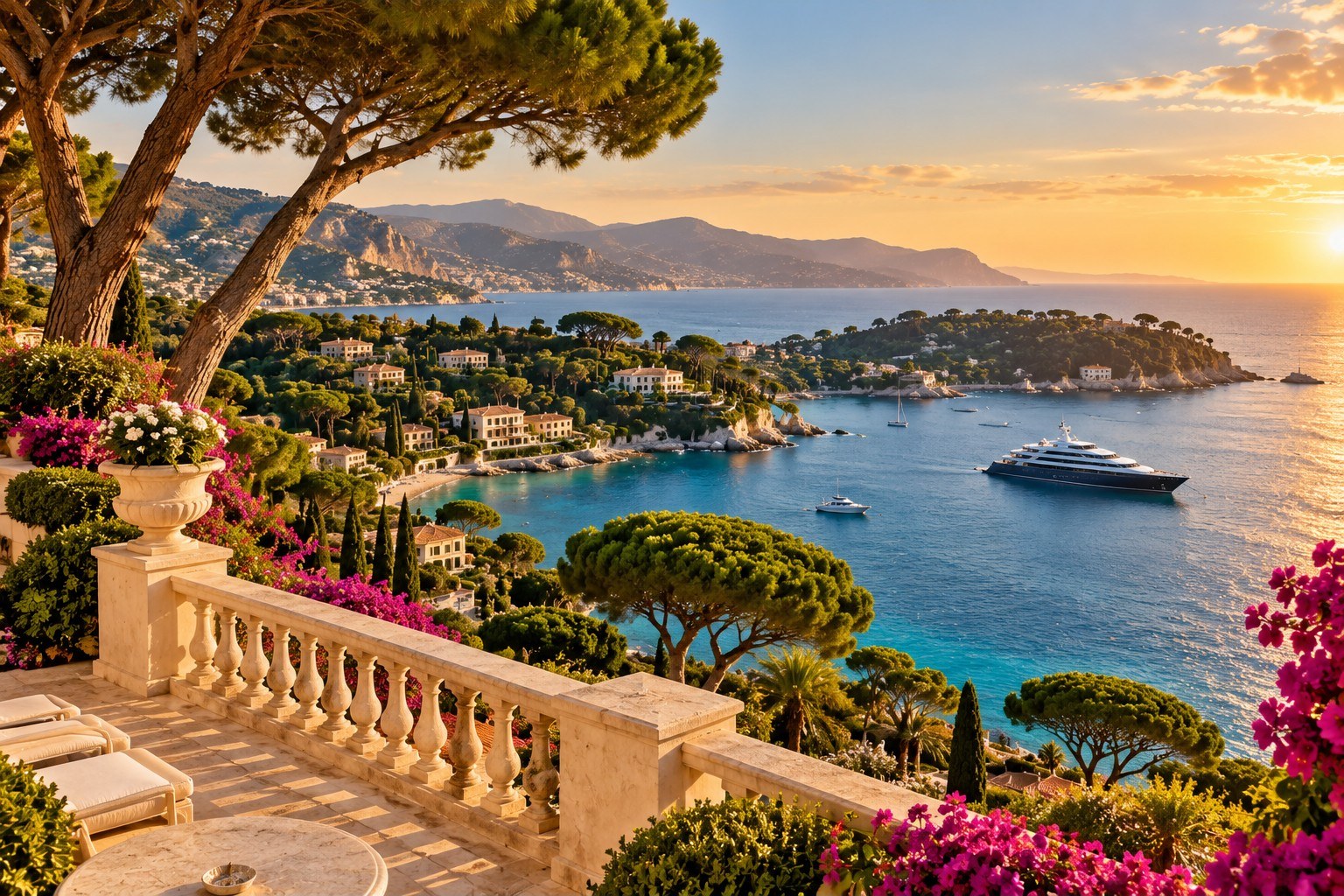 Villa terrace with bougainvillea overlooking a yacht in the bay of Cap Ferrat