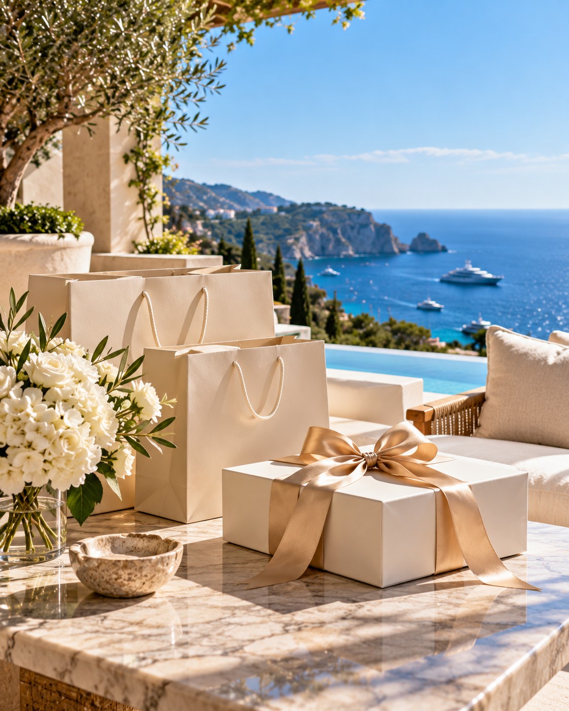 Shopping bags and gift box on a sunny terrace