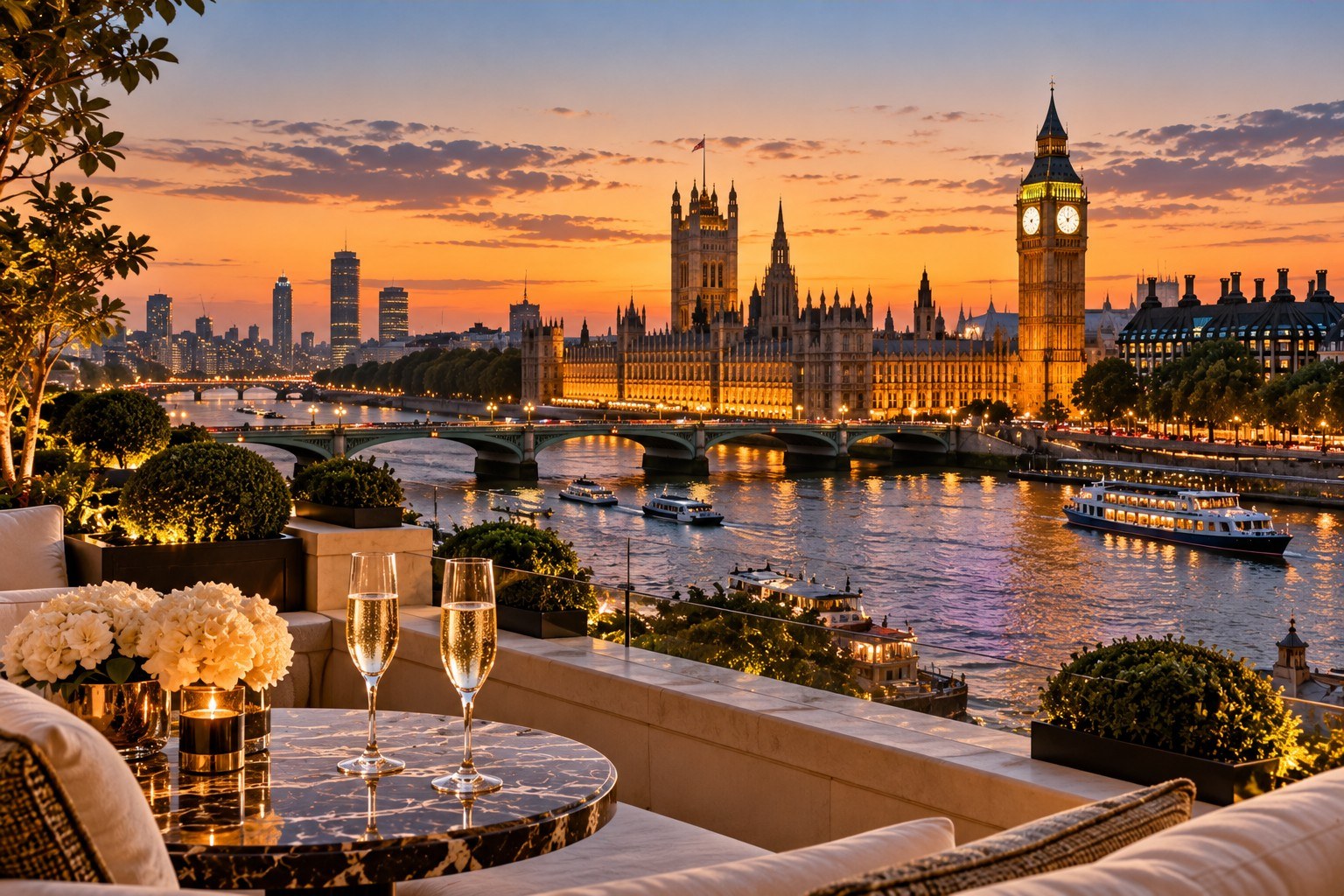 Hotel terrace with champagne overlooking the Thames and Big Ben at dusk